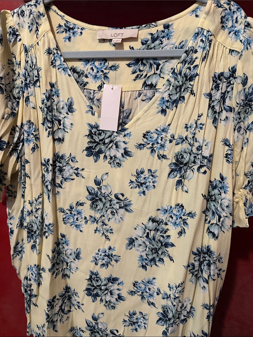 LOFT Cream Floral V-Neck Blouse with Blue Bouquet Print